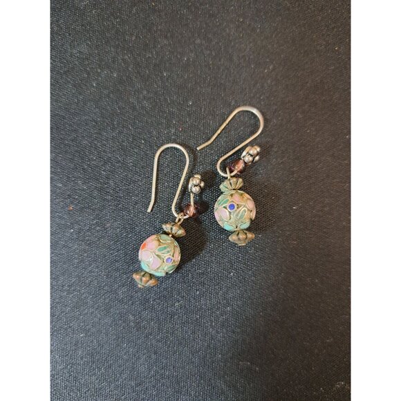 Vintage Cloisonné Bead Dangle Earrings With Silver Hooks - Picture 1 of 4